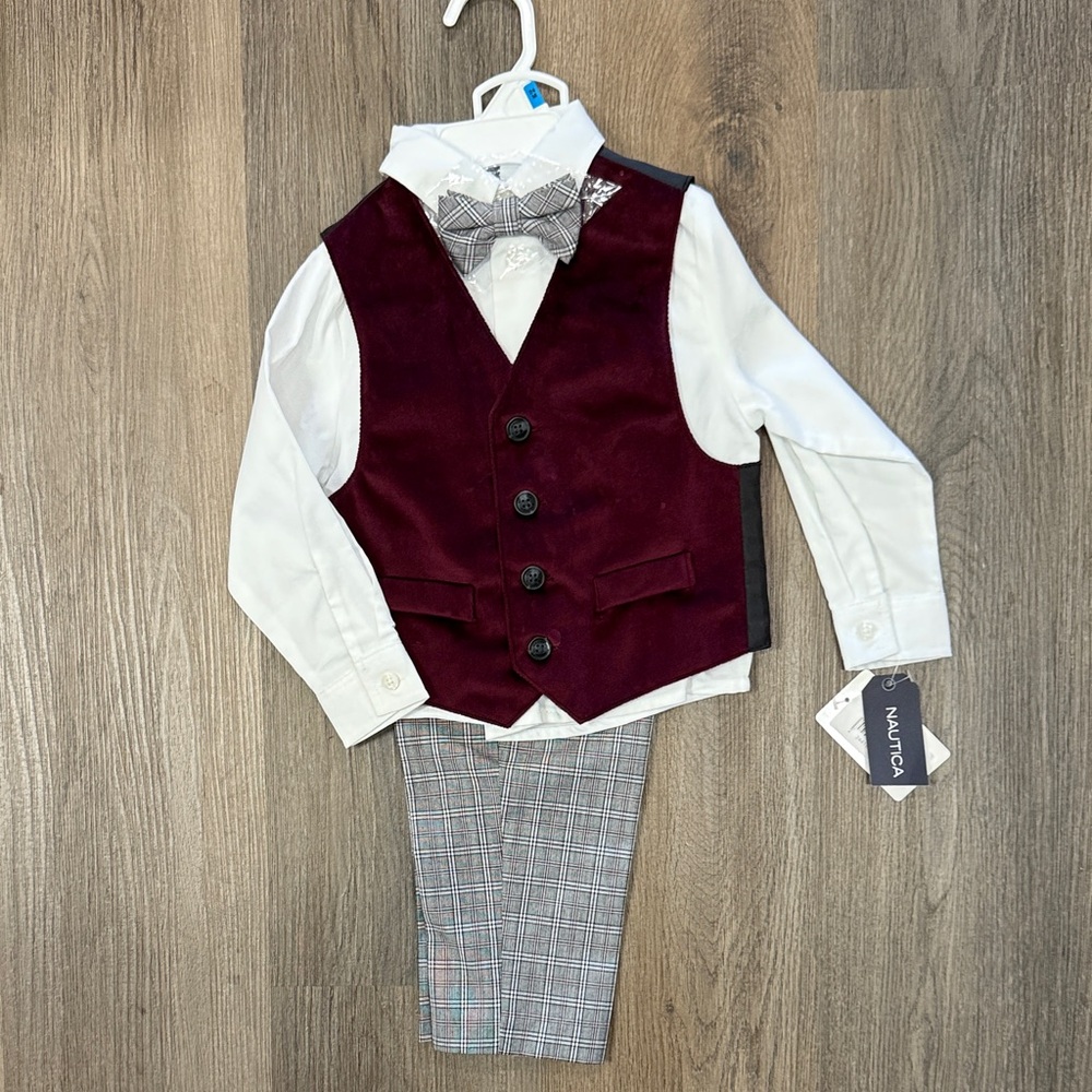 NEW 4PC Nautica Burgundy Vest and Plaid Pants Set